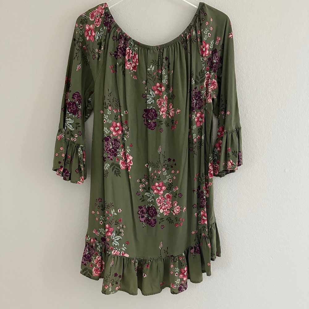 Terra & Sky Peasant Top Womens 1X Olive Green Floral Ruffle Bell Sleeve Boho - Picture 2 of 11